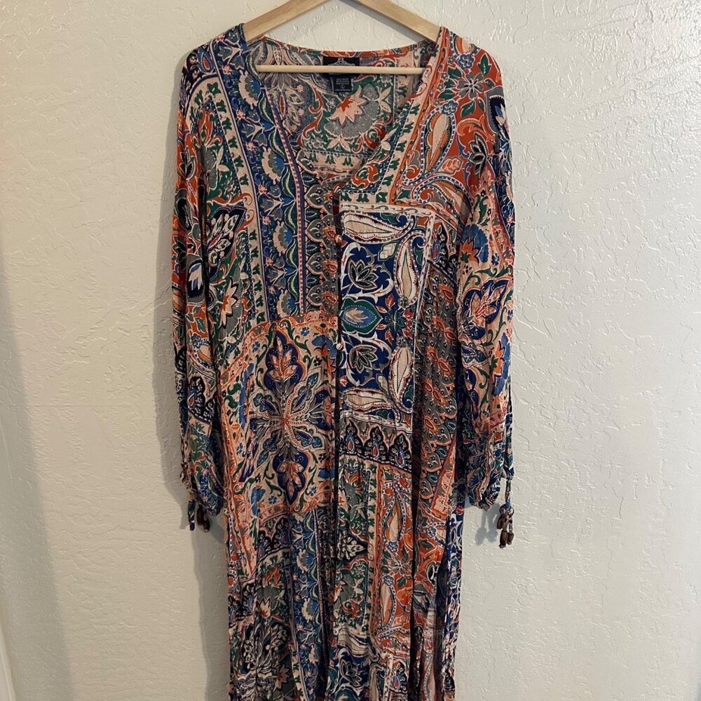 Y Angle Paisley Floral Boho Hippie Split Front Tie Sleeve Maxi Dress